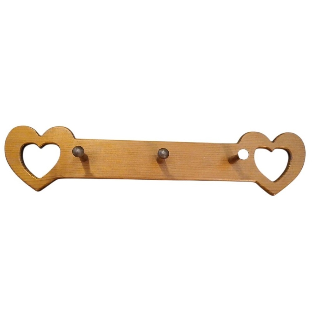 Vtg 24" Wooden Heart Cut Out 3 Peg Coat Rack Wall Hanging Country Cottage Decor